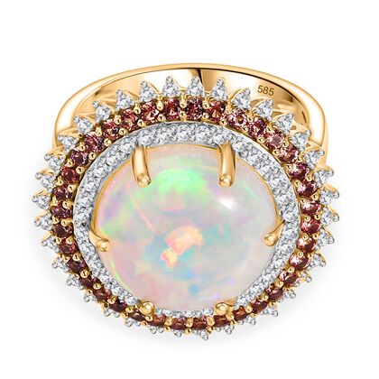 Solar Bloom-AAAA Nat&uuml;rlicher, &auml;thiopischer Welo Opal, Padparadscha Saphir Ring 585 Gold (Gr&ouml;&szlig;e 19.00) ca. 6.07 ct