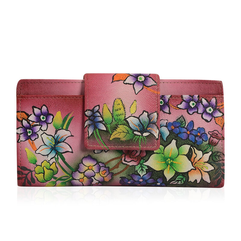Sukriti 100% Leder: Handbemalte Brieftasche mit RFID Schutz, Blumenmuster, rosa image number 0