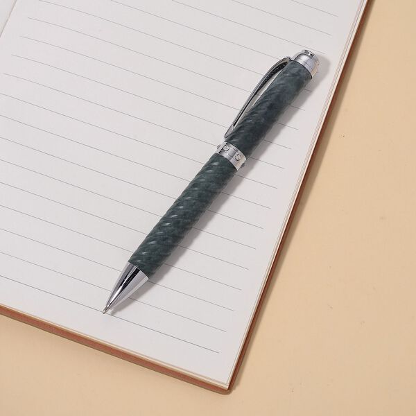 Olmek Jadeit Kugelschreiber, fein geschnitzt, mit wei&szlig;em Kristall und Legierungsmetall, 13,4 cm image number 1