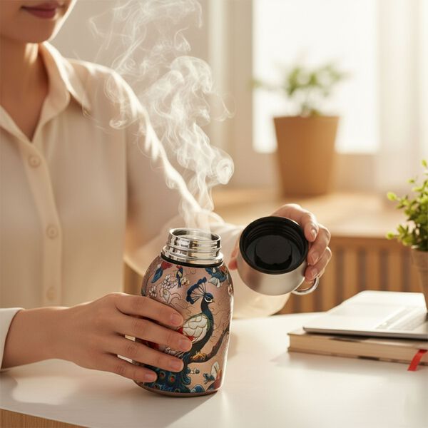 Isolierflasche aus 316L Edelstahl mit Doppelwand und Pfauenmotiv, Roségold, für heiße und kalte Getränke, 260 ml image number 1