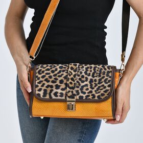 Chaos by Elsie - Echtleder Crossbody Tasche mit RFID, Leopardenmotiv Klappe, 2 Außenfächer mit Reißverschluss, 28 x 10 x 18 cm, Beige