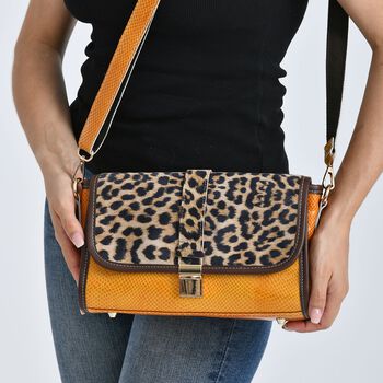 Chaos by Elsie- Echtleder Crossbody Tasche mit RFID-Schutz, Leopardenmotiv Klappe, 2 Au&szlig;enf&auml;cher mit Rei&szlig;verschluss, 28x10x18cm, Beige