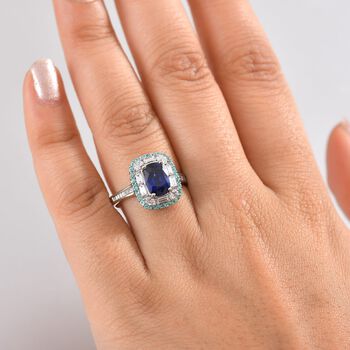 RHAPSODY zertifiziert und gepr&uuml;ft AAAA ceylonfarbener blauer Saphir, Paraiba Turmalin und VS Diamant Ring in 950 Platin - 3,94 ct.