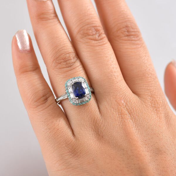 RHAPSODY zertifiziert und gepr&uuml;ft AAAA ceylonfarbener blauer Saphir, Paraiba Turmalin und VS Diamant Ring in 950 Platin - 3,94 ct. image number 2