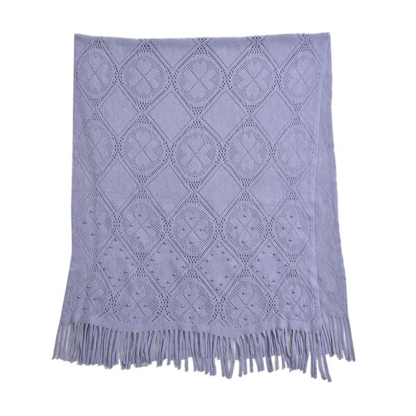 Strickschal mit Quasten und Perlen, Hellgrau
