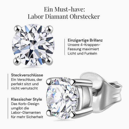 LUXURIANT DIAMOND- SGL zertifizierte VS-GH Labor Diamant Ohrstecker, 925 Silber rhodiniert - 2 ct. image number 2
