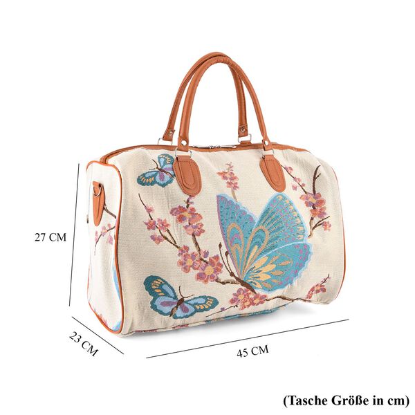 "Life style Color:White with blue butterfly print /Profile:Duffel bag wall(exterior):Polyester    Lining(interior): polyester; Pockets(exterior):Zipped-1 Pockets(interior):none Measurement:45*23*27cm         " image number 8