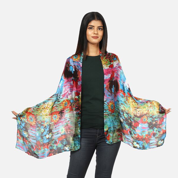 100 % nat&uuml;rlicher Seiden Schal, 165x50 cm, Blumenmuster, Mehrfarbig