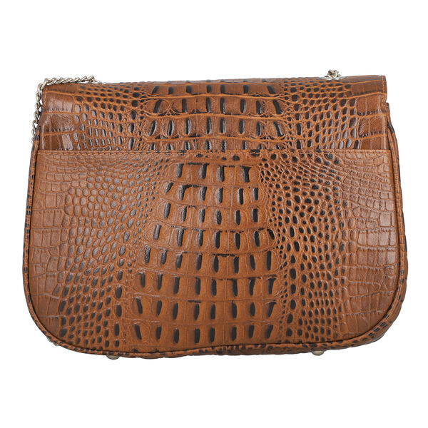 Umhängetasche aus echtem Leder mit Kroko-Prägung und Kettenriemen, Braun image number 4