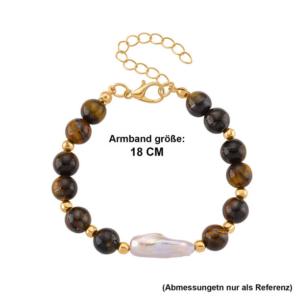 Tigerauge, Wei&szlig;e Keshi Perle Armband, ca. 18cm mit 5cm extender, Reine Legierung goldfarben image number 7