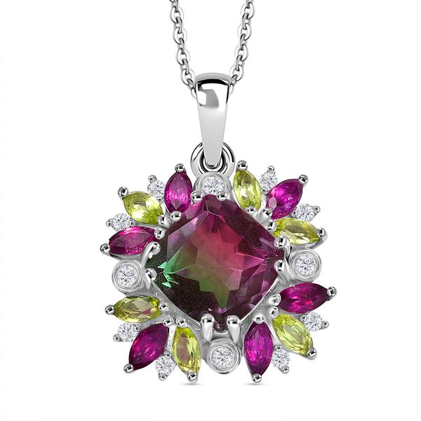 D'Joy Wassermelonen Triplett Quarz, Rhodolith Granat, Peridot und Zirkon Anh&auml;nger mit 50cm Kette - 4,28 ct.