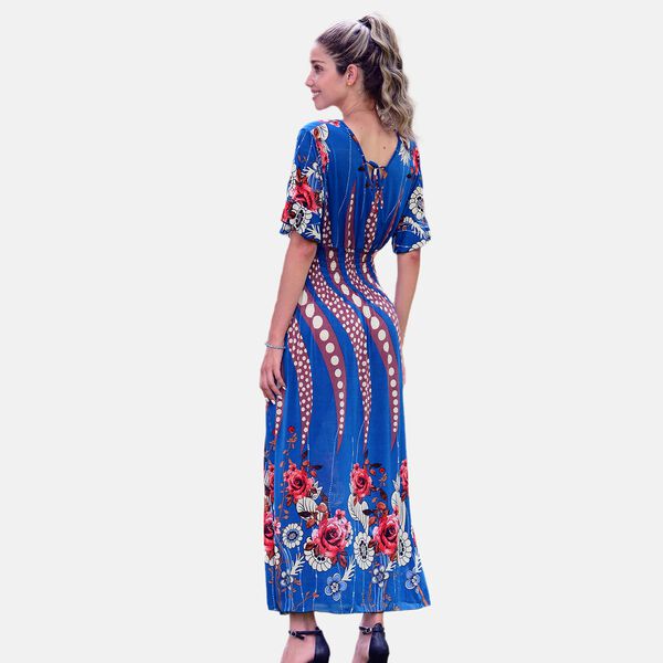 Gesmoktes Maxi-Kleid, Blumenmuster, Blau image number 8