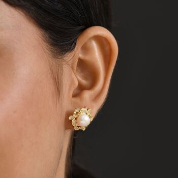 S&uuml;&szlig;wasser Perle (7-7.5 mm), Wei&szlig;er Zirkon Ohrringe, Messing