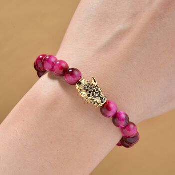 Fuchsia gef&auml;rbtes Tigerauge, Schwarzer Zirkonia Armband, flexibel, Messing