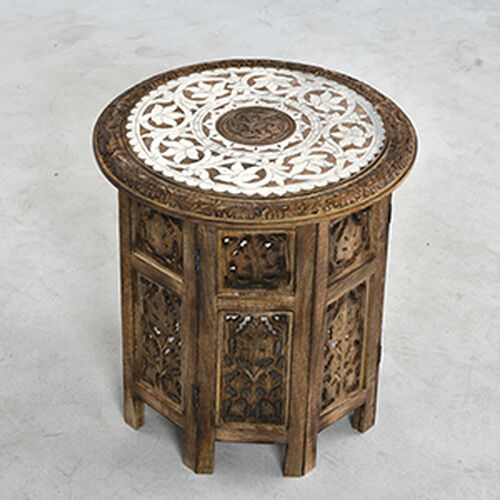 Handgefertigter Couchtisch aus Mangoholz mit Metallprägung, Burn-Finish und kunstvoller Schnitzerei, ca. 45x45x45cm, Natur image number 0