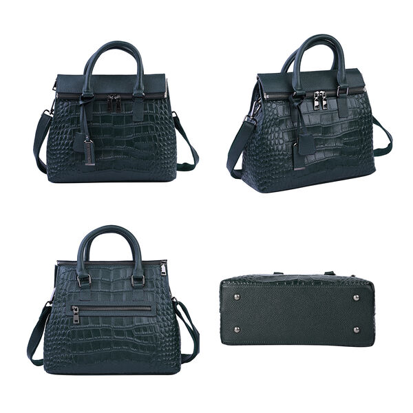 Schultertasche aus 100% echtem Leder mit Kroko-Prägung und abnehmbarem Riemen, Dunkelgrün  image number 4