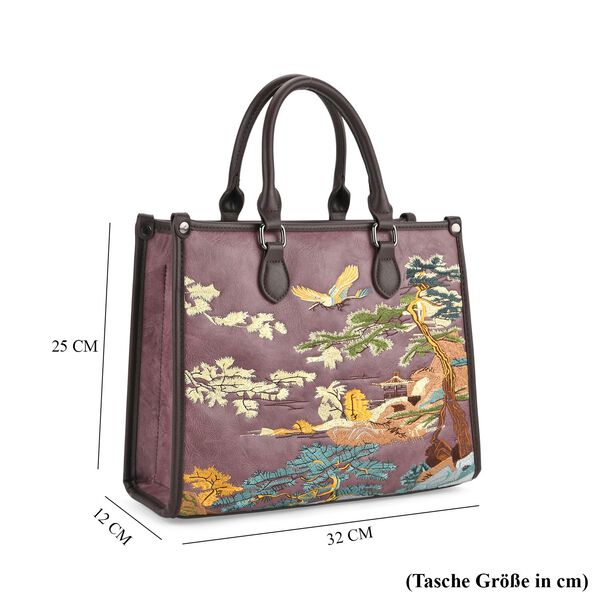 Bestickte Crossbody Tasche, Kunstleder, Blumen Design, 32 x 12 x 25 cm, Dunkelviolett image number 7