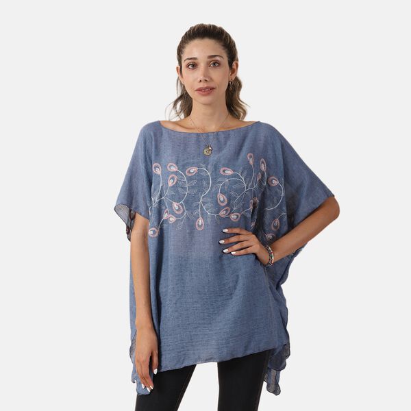 T-Shirt mit Blumen-Stickerei, Blau, Einheitsgr&ouml;&szlig;e