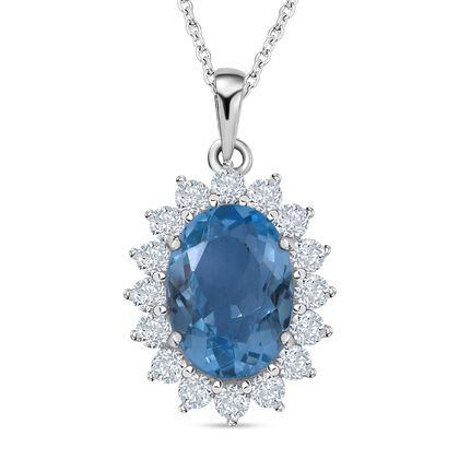 Himmelblauer Topas, weißer Zirkon Anhänger mit Kette, 925 Silber rhodiniert ca. 9.68 ct