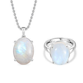 D'Joy AA Regenbogen Mondstein Ring und Anh&auml;nger mit 50cm Kette