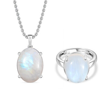 D'Joy AA Regenbogen Mondstein Ring und Anh&auml;nger mit 50cm Kette