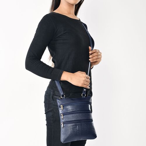 "Set of 2 -100% Genuine Leather croco embossed luggage Duffle with croco embossed crossbody bag  SIZE : Duffle 44(L)x20.32(W)x22.86(H) CM Sling bag size: 20.32(L)x3.82(W)x24.13(H) COLOR: Navy" image number 1