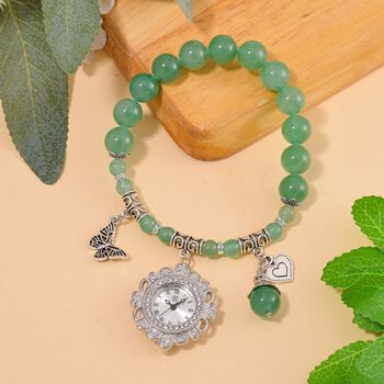 STRADA - Japanisches Uhrwerk, Gr&uuml;ner Aventurin, Wei&szlig;er Kristall Flexible Uhr 18.5 cm 316L Edelstahl ca. 25.30 ct