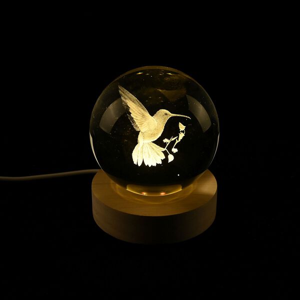 3D Kristallkugel mit LED-Licht und Holzsockel, Pusteblume