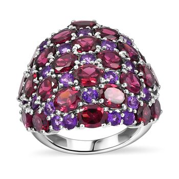 Nat&uuml;rlicher Rhodolith Granat, Afrikanischer Amethyst Ring 925 Silber rhodiniert (Gr&ouml;&szlig;e 17.00) ca. 12.16 ct