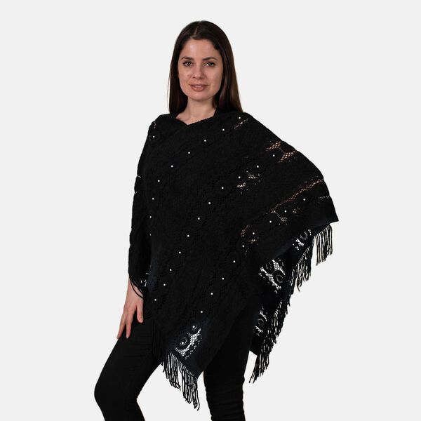 TAMSY- Strick-Poncho mit Perlen, Schwarz