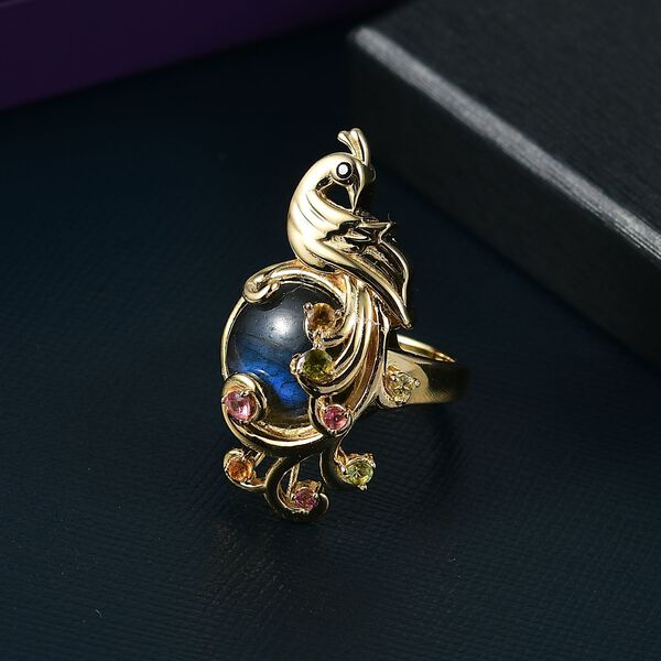 Labradorit, Mehrfarbiger-Turmalin Ring, Messing, (Größe 17.00) ca. 11.00 ct image number 2