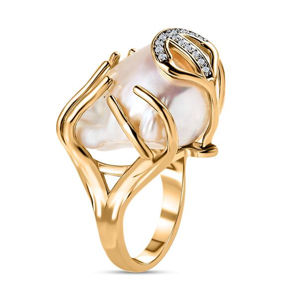 Wei&szlig;e Barockperle, Wei&szlig;er Zirkon Ring 925 Silber Gelbgold Vermeil (Gr&ouml;&szlig;e 16.00) ca. 0.60 ct image number 4