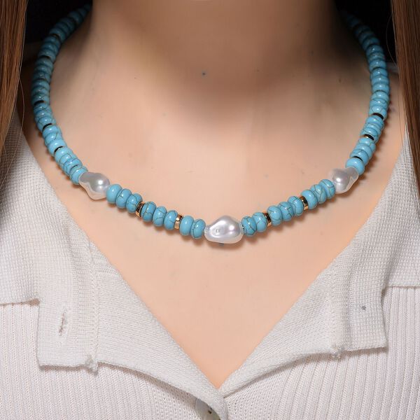 Wei&szlig;e Muschelkernperle, Blauer Howlit Halskette, ca. 50 cm + 5 cm Extender, goldfarben image number 2