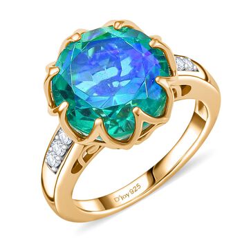 D joy Pfau Quarz Triplette, Wei&szlig;er Zirkon Ring 925 Silber 750 Gelb Vergoldet (Gr&ouml;&szlig;e 19.00) ca. 7.51 ct