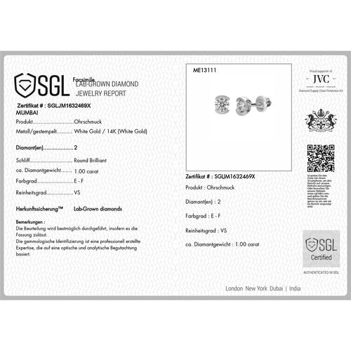 LUXURIANT SGL zertifizierte VS-EF Labor Diamant Ohrringe in 585 Weißgold - 1 ct. image number 6