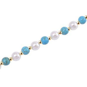 Blauer Howlit, Wei&szlig;e Muschelkernperle (7-9 mm) Halskette ca. 45 cm+ 5 cm Extender, gelb vergoldet