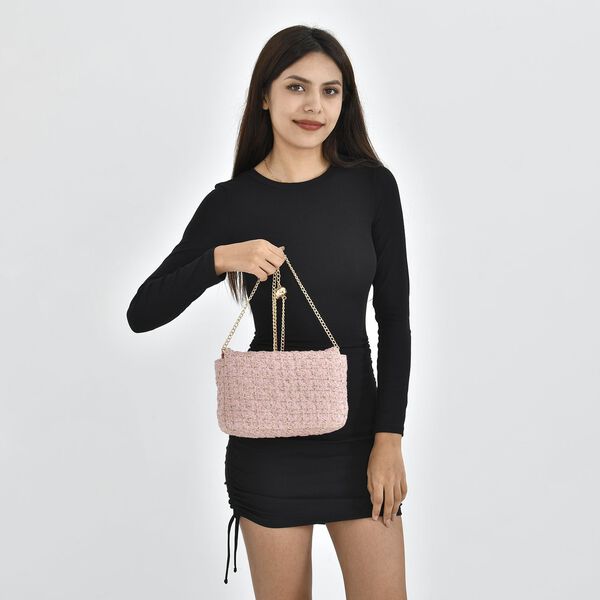 Umhängetasche aus 100% echtem Leder mit Bouclé-Stoff, Rosa image number 3