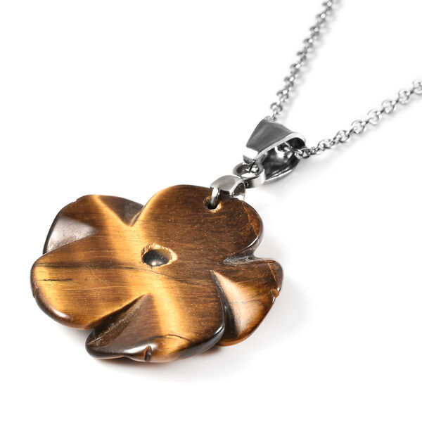 Floral geschnitzter, gelber Tigeraugen-Anh&auml;nger mit Kette, ca. 50 cm in Edelstahl image number 2