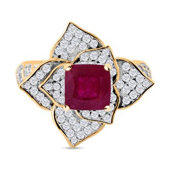 AA Afrikanischer Rubin (Fissure gef&uuml;llt), Wei&szlig;er Zirkon Ring, 925 Silber Gelbgold Vermeil (Gr&ouml;&szlig;e 18.00) ca. 3.96 ct