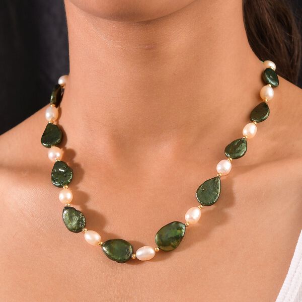 Gef&auml;rbte gr&uuml;ne Jade, Wei&szlig;e S&uuml;&szlig;wasser Perle Halskette ca. 45 cm Edelstahl vergoldet image number 2