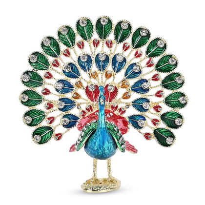 Schmuckschatulle Pfau aus Metall mit Kristallen, Blau