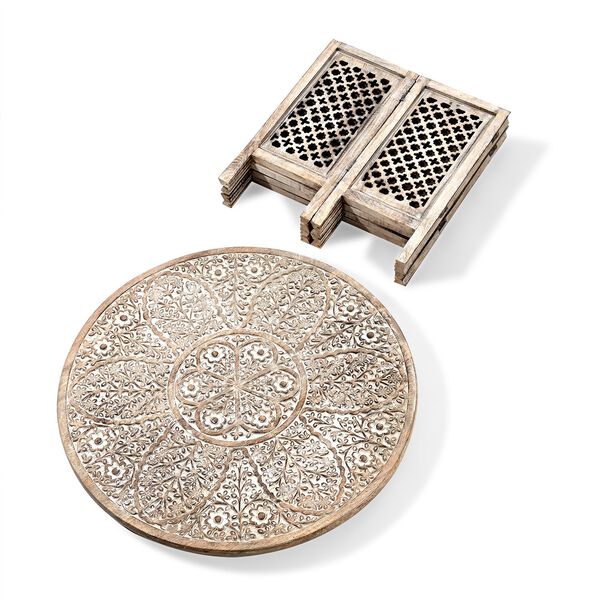 NAKKASHI Handgeschnitzter Couchtisch aus Mangoholz, 68x68x51cm, weißes Finish image number 6