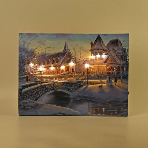 Winterdruck auf Leinwand mit LED- und Glasfaserlicht, 30x40 cm, 3AA (nicht inkl.), Schneemann image number 0