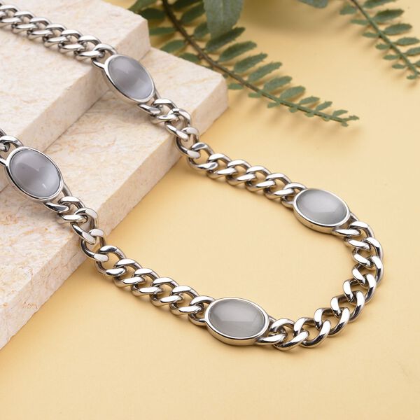 K&uuml;nstliche, wei&szlig;e Katzenaugen Halskette, ca. 50 cm, 316L Edelstahl, ca. 25.00 ct image number 2