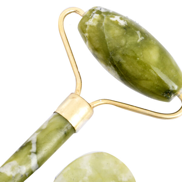 2er-Set, Gesichtsmassageger&auml;te- nat&uuml;rlicher und gr&uuml;ner Jade-Roller und Gua Sha