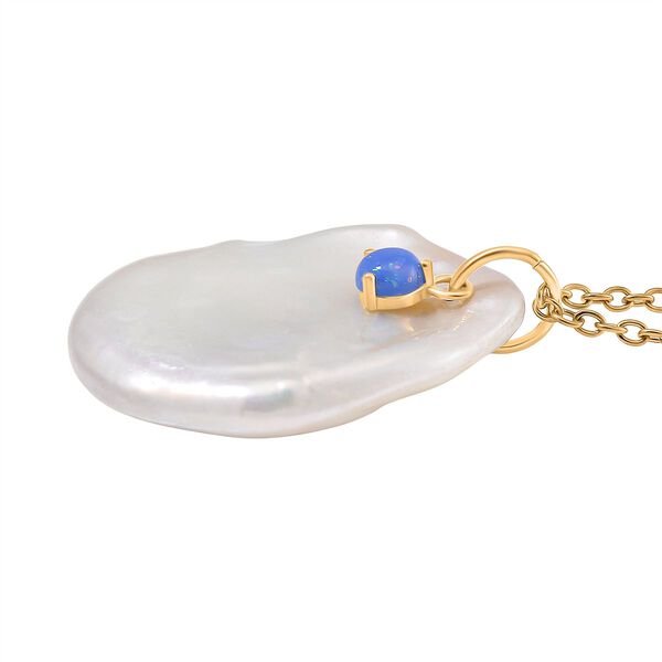 Weiße Keshi Perle, Blauer Opal Anhänger mit Kette, Messing, Reiner Edelstahl, vergoldet image number 3