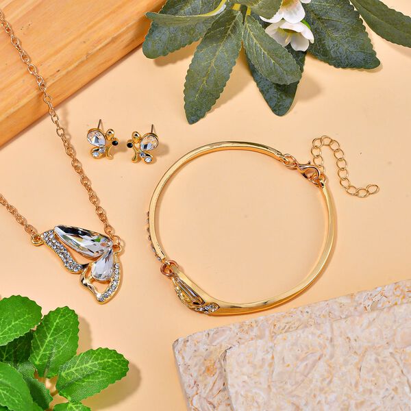 3er Set - Wei&szlig;er Kristall, Schwarzer Kristall Schmetterling Halskette (ca. 50 cm + 5 cm Extender), Armband (ca. 19 cm + 5 cm Extender) und Ohrringe image number 1