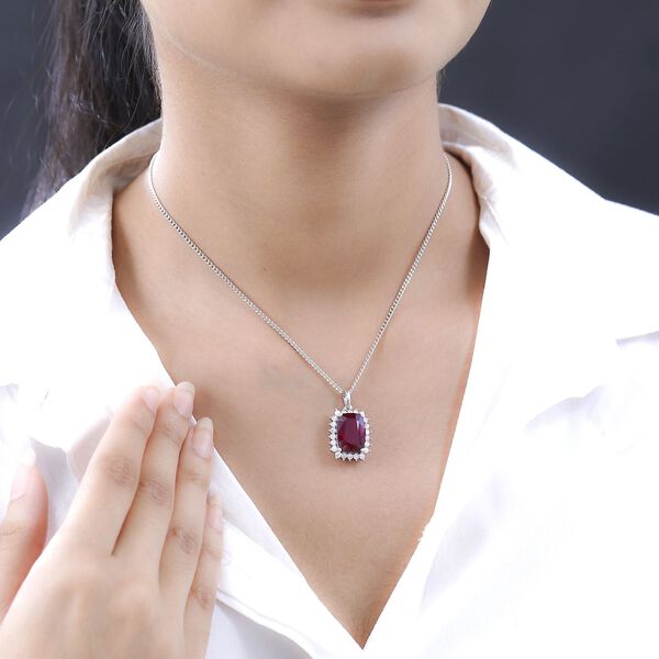 AAA afrikanischer Rubin und Moissanit-Halo-Anh&auml;nger mit Kette in Silber image number 3