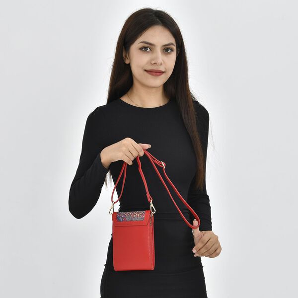 Luxury Edition: Seidenbrokat Handytasche aus echtem Leder und Satin Geschenkbox, RFID, Landschaft Rot image number 2