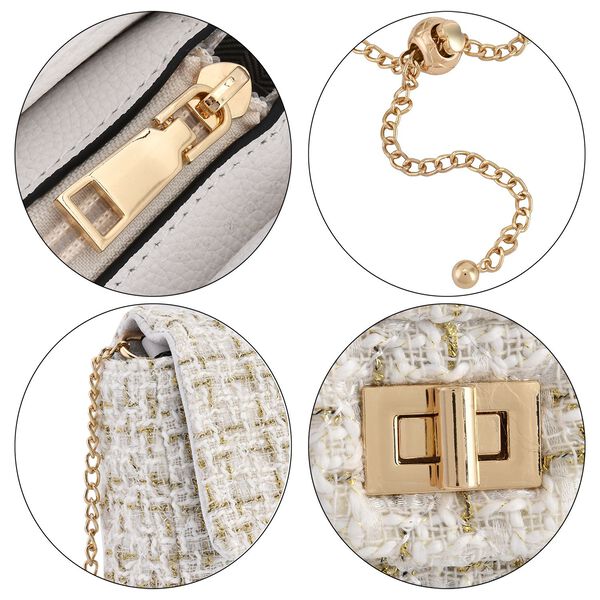 Umh&auml;ngetasche aus 100% echtem Leder mit Boucl&eacute;-Stoff, Elfenbein image number 5